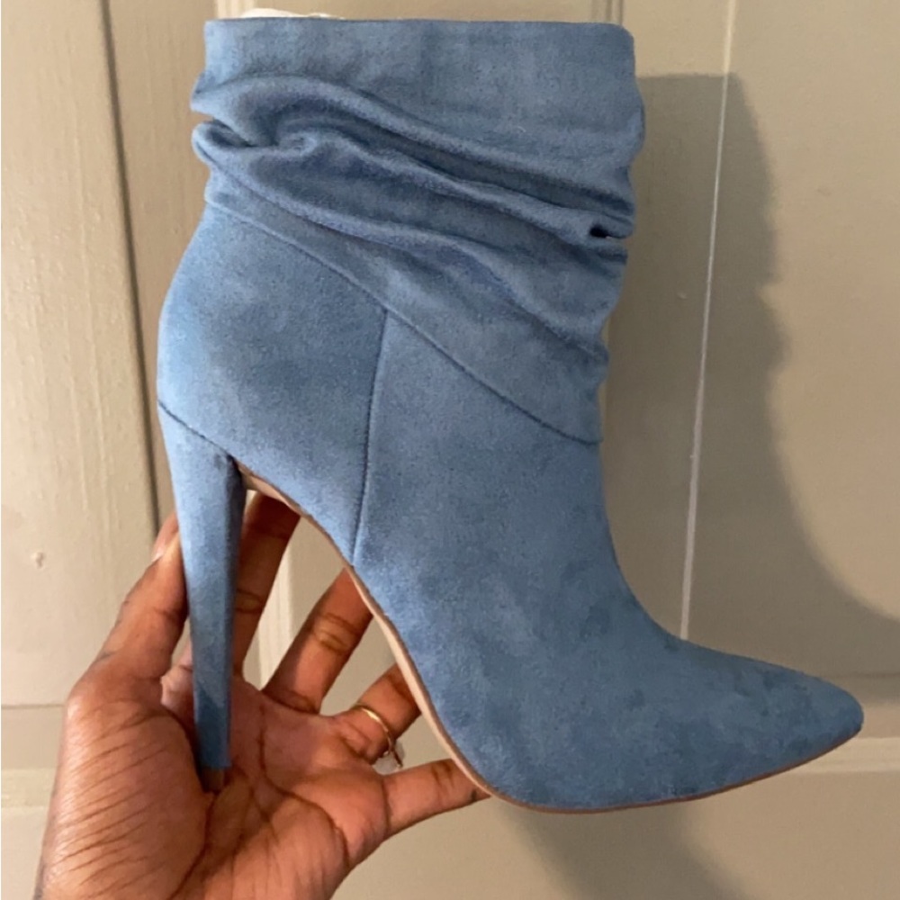 Light Blue Ruched Suede Booties